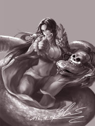 Rule 34 | 10s, 1girl, 2016, amazon warrior, boa hancock, breasts, cleavage, earrings, eykihan, female focus, greyscale, jewelry, large breasts, long hair, monochrome, navel, one piece, pointing, pointing at viewer, salome (one piece), signature, skull, snake, snake earrings, solo, very long hair