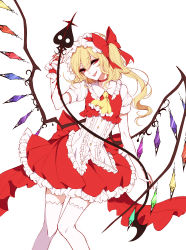 Rule 34 | 1girl, absurdres, ascot, bad id, bad pixiv id, blonde hair, blood, bloody weapon, blouse, bow, choker, cowboy shot, cropped vest, crystal, flandre scarlet, frilled shirt collar, frilled skirt, frills, hair bow, hat, highres, holding, holding weapon, laevatein, long hair, looking at viewer, mob cap, puffy short sleeves, puffy sleeves, red bow, red eyes, red skirt, red vest, sheya, shirt, short sleeves, side ponytail, simple background, skirt, smile, solo, thighhighs, tongue, tongue out, touhou, vest, weapon, white background, white hat, white shirt, white thighhighs, wings, yellow ascot