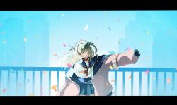 Rule 34 | 1girl, armband, blue sailor collar, blue skirt, blush, cityscape, closed eyes, collar, confetti, facing viewer, grey hair, jacket, letterboxed, long hair, makaino ririmu, makaino ririmu (4th costume), multicolored hair, nijisanji, okome (suihanki216), open mouth, outdoors, pink hair, pink jacket, pointy ears, railing, red collar, sailor collar, school uniform, serafuku, shirt, skirt, sleeves past fingers, sleeves past wrists, smile, solo, two-tone hair, two side up, virtual youtuber, white shirt