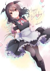 Rule 34 | 1girl, apron, bat wings, black dress, black footwear, black wings, blush, boots, breasts, brown eyes, brown hair, brown pantyhose, commentary request, cross-laced footwear, dress, flower, frilled apron, frilled dress, frills, grin, hair between eyes, happy birthday, head wings, highres, kneebar, kuroi (liar-player), lace-up boots, long hair, looking at viewer, maid, original, pantyhose, petals, red flower, red rose, rose, sleeveless, sleeveless dress, small breasts, smile, solo, thigh strap, twitter username, waist apron, white apron, wings