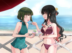 Rule 34 | 10s, 2girls, :d, :o, ^ ^, bare shoulders, beach, bikini, bikini pull, black hair, blush, braid, breasts, casual one-piece swimsuit, closed eyes, clothes pull, day, closed eyes, feeding, fence, food, green hair, hair ribbon, halterneck, ice cream, kantai collection, large breasts, mikage takashi, multicolored hair, multiple girls, naganami (kancolle), navel, ocean, one-piece swimsuit, open mouth, outdoors, pink hair, polka dot, polka dot swimsuit, ribbon, side-tie bikini bottom, single braid, smile, spoon, swimsuit, takanami (kancolle), water