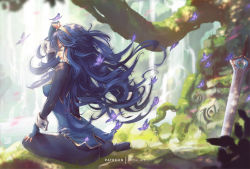 Rule 34 | 1girl, ass, bad id, bad pixiv id, blue gloves, breasts, bug, butterfly, falchion (fire emblem), fingerless gloves, fire emblem, fire emblem awakening, gloves, grass, insect, long hair, looking at viewer, looking back, lucina (fire emblem), mitsu (mitsu art), nintendo, sitting, solo, sunlight, sword, tiara, tree, wariza, water, waterfall, weapon, wrist cuffs