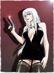 Rule 34 | 00s, 1girl, bare shoulders, black dress, breasts, center opening, cleavage, cleavage cutout, clothing cutout, dress, fingernails, ga-rei, ga-rei zero, garter straps, glasses, green eyes, gun, heckler &amp; koch, imawano setsuna, jewelry, lace, lace-trimmed legwear, lace trim, large breasts, lips, lipstick, long hair, makeup, nail, nail polish, necklace, red nails, sabachiyo land, scar, silver hair, solo, thighhighs, weapon, zettai ryouiki