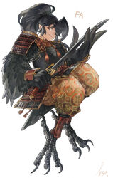 Rule 34 | 1girl, abuku, animal feet, armor, artist name, baggy pants, bird legs, bird tail, bird wings, black hair, black tail, black wings, borrowed character, claws, closed mouth, feathered wings, floating, full body, hair over one eye, harpy, holding, holding sword, holding weapon, japanese armor, katana, light smile, long hair, looking at viewer, monster girl, original, pants, pointy ears, ponytail, red eyes, shoulder armor, sidelocks, signature, simple background, sleeveless, sode, solo, sword, tail, talons, weapon, white background, winged arms, wings, yellow pants