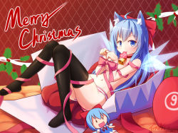 Rule 34 | 1girl, animal ears, black thighhighs, blue hair, blush, breasts, cat ears, character doll, cirno, feet, highres, langbazi, naked ribbon, no shoes, ribbon, solo, thighhighs, touhou