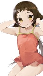 Rule 34 | 1girl, brown hair, camisole, closed mouth, collarbone, highres, hiroki (yyqw7151), long hair, looking at viewer, mikakunin de shinkoukei, mitsumine mashiro, simple background, smile, solo, thighs, white background, yellow eyes