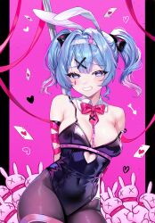 Rule 34 | 1girl, absurdres, animal ears, bare shoulders, black leotard, blue eyes, blue hair, bow, bowtie, breasts, card, clothing cutout, commentary, cutout above navel, detached collar, fake animal ears, hair ornament, hatsune miku, heart, heart-shaped pupils, heart cutout, highres, leotard, looking at viewer, medium breasts, pantyhose, pink bow, pink bowtie, pink ribbon, playboy bunny, playing card, rabbit ears, rabbit hole (vocaloid), ribbon, short hair, smile, solo, strap slip, symbol-shaped pupils, teardrop facial mark, teeth, twintails, vocaloid, x hair ornament, yaya chan