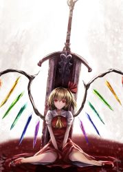 Rule 34 | 1girl, ascot, blonde hair, blood, closed mouth, crystal, flandre scarlet, full body, greatsword, hair between eyes, hair ribbon, highres, huge weapon, looking at viewer, no headwear, planted, planted sword, planted weapon, pool of blood, puffy short sleeves, puffy sleeves, red eyes, red ribbon, red skirt, red vest, ribbon, ripples, short hair, short sleeves, side ponytail, sinkai, sitting, skirt, skirt set, smile, solo, sword, touhou, v arms, vest, wariza, weapon, wings