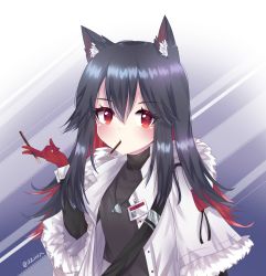 Rule 34 | 1girl, aeiion, animal ear fluff, animal ears, arknights, artist name, black hair, black shirt, blue background, blush, commentary, diagonal stripes, english commentary, food, food in mouth, fur-trimmed jacket, fur trim, gloves, gradient background, hair between eyes, hand up, highres, holding, holding food, jacket, long hair, looking at viewer, mouth hold, multicolored hair, official alternate costume, open clothes, open jacket, pocky, red eyes, red gloves, red hair, shirt, solo, striped, striped background, texas (arknights), texas (winter messenger) (arknights), twitter username, upper body, white background, white jacket, wolf ears