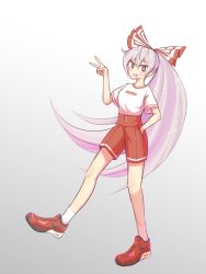 Rule 34 | 1girl, alison (alison airlines), alternate costume, bad id, bad pixiv id, bare legs, bow, fujiwara no mokou, full body, hair bow, hand in pocket, highres, long hair, nike (company), open mouth, red eyes, shoes, shorts, sneakers, solo, touhou, v, very long hair, white hair