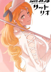 Rule 34 | 1girl, asava (hutaitenn), blush, breasts, brown eyes, character name, dated, feathers, from side, headdress, highres, holding, kantai collection, large breasts, littorio (kancolle), long hair, looking at viewer, official alternate costume, one-hour drawing challenge, orange hair, simple background, solo, sweater, twitter username, upper body, white sweater