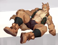 Rule 34 | 1boy, abs, absurdres, animal ears, bara, black male underwear, blue eyes, boots, boxers, brown fur, bulge, dog boy, dog ears, dog tail, full body, furry, furry male, highres, large pectorals, male focus, male underwear, muscular, muscular male, neilos, nipples, no pants, original, pectorals, socks, solo, spread legs, stomach, tail, thick thighs, thighs, underwear