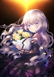 Rule 34 | 1girl, black dress, blue eyes, bouquet, dress, erde (nakaishow), flower, from side, grey hair, highres, holding, holding bouquet, long hair, long sleeves, looking at viewer, nakaishow, original, puffy long sleeves, puffy sleeves, solo, wind