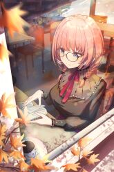 Rule 34 | 1girl, absurdres, autumn leaves, black shirt, blue eyes, blurry, blurry foreground, book, braid, chair, cup, falling leaves, glasses, highres, holding, holding book, hololive, leaf, multicolored hair, neck ribbon, official alternate costume, oki no fuji, pink hair, pink ribbon, purple skirt, reading, ribbon, saucer, shirt, skirt, solo, streaked hair, table, takane lui, takane lui (3rd costume), tea, teacup, twin braids, virtual youtuber, white hair