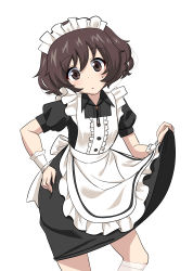 Rule 34 | 1girl, :o, absurdres, akiyama yukari, alternate costume, apron, black dress, bolo tie, collared dress, dated, dress, enmaided, girls und panzer, hand on own hip, head tilt, highres, kneehighs, lips, long hair, looking at viewer, maid, maid apron, maid day, maid headdress, medium dress, one-hour drawing challenge, parted lips, shiina excel, simple background, skirt hold, socks, solo, standing, sweatdrop, white apron, white background, white socks, wristband