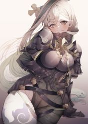 Rule 34 | 1girl, absurdres, armor, armored boots, asymmetrical clothes, blush, bodysuit, boots, breastplate, breasts, covered navel, evaiyu, fate/grand order, fate (series), gauntlets, green hair, grey bodysuit, grey eyes, hair between eyes, hair ornament, hairpin, high collar, highleg, highres, huyan zhuo (fate), huyan zhuo (second ascension) (fate), large breasts, long hair, looking at viewer, multicolored hair, pauldrons, shoulder armor, single pantsleg, solo, streaked hair, thick thighs, thighs, very long hair, white hair