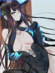 Rule 34 | 1girl, bare shoulders, black dress, black gloves, black headwear, blue eyes, blunt bangs, blush, breasts, center opening, dress, elbow gloves, fate/grand order, fate (series), gloves, hair ornament, highres, large breasts, leaf hair ornament, long hair, looking at viewer, parted lips, pd (pdpdlv1), purple hair, very long hair, yang guifei (fate), yang guifei (third ascension) (fate)
