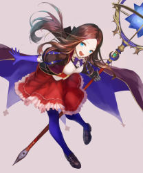 Rule 34 | 1girl, :d, black footwear, blue eyes, breasts, brown hair, brown jacket, elbow gloves, fate/grand order, fate (series), from above, gloves, holding, holding staff, jacket, leonardo da vinci (fate), leonardo da vinci (fate/grand order), leonardo da vinci (rider) (fate), long hair, looking at viewer, metal gloves, open mouth, pantyhose, red skirt, skirt, smile, solo, staff, ya99ru
