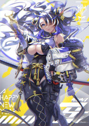 Rule 34 | 1girl, 2021, animal ears, armor, artist name, asymmetrical clothes, black footwear, black gloves, black hair, black leotard, blue hair, blue nails, blue sleeves, boots, breasts, chinese zodiac, cleavage, cleavage cutout, closed mouth, clothing cutout, commentary request, covered navel, cow ears, cow girl, cow horns, detached sleeves, earrings, english text, gloves, grey eyes, hair over one eye, halterneck, happy new year, highres, holding, holding behind back, holding sword, holding weapon, horns, iria (yumeirokingyo), jewelry, kanji, katana, large breasts, leotard, lips, long hair, looking at viewer, mole, mole under mouth, multicolored hair, nail polish, nengajou, new year, holding behind back, original, partially translated, rope, signature, single glove, skindentation, smile, solo, standing, streaked hair, sword, tassel, thigh boots, thigh gap, thighhighs, translation request, very long hair, weapon, white hair, wide sleeves, year of the ox, zipper