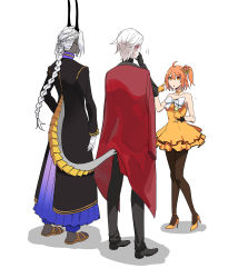 Rule 34 | 1girl, 2boys, 676643396dolce, absurdres, ahoge, alternate hairstyle, arjuna (fate), arjuna alter (fate), bow, braid, cape, dress, dress bow, fate/apocrypha, fate/grand order, fate (series), formal, fujimaru ritsuka (female), fujimaru ritsuka (female) (starlight fest), hair slicked back, high heels, highres, horns, indian clothes, karna (fate), karna (formal dress) (fate), long hair, multiple boys, official alternate costume, orange dress, orange hair, pantyhose, pleated skirt, red cape, sandals, side ponytail, skirt, suit, tail, white hair