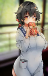 Rule 34 | 1girl, apron, artist name, black hair, blurry, box, braid, commentary request, covering own mouth, dated, depth of field, gift, greyscale, hair flaps, hair ornament, hairclip, heart, heart-shaped pupils, highres, jingei (kancolle), kantai collection, kappougi, kirisawa juuzou, long hair, looking at viewer, low ponytail, monochrome, railing, red eyes, single braid, solo, symbol-shaped pupils, upper body