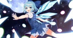 Rule 34 | 1girl, absurdres, bloomers, blue dress, blue eyes, blue hair, blush, bow, cirno, commentary request, danmaku, drawer, dress, hair between eyes, hair bow, highres, ice, ice wings, moon, open mouth, smile, snowflakes, solo, tamafurin, touhou, underwear, wings