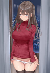 Rule 34 | 1girl, black thighhighs, blue eyes, blush, bottomless, breasts, brown hair, city lights, curtains, gluteal fold, highres, indoors, large breasts, long hair, long sleeves, looking away, looking to the side, night, no pants, original, panties, panty pull, parted lips, pulled by self, red sweater, ribbed sweater, solo, sweater, thigh gap, thighhighs, two side up, underwear, undressing, white panties, window, wing (aiastor)