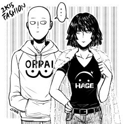 Rule 34 | ..., 10s, 1boy, 1girl, 2015, bald, belt, casual, closed mouth, clothes writing, coat, dress, fubuki (one-punch man), fur coat, greyscale, hand on own hip, hands in pocket, hood, hood down, hoodie, jacket, jacket on shoulders, kuroha ai, looking at another, looking to the side, monochrome, one-punch man, pants, romaji text, saitama (one-punch man), shared speech bubble, shirt, short hair, signature, sketch, speech bubble, spoken ellipsis, t-shirt, upper body