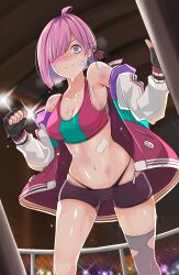 Rule 34 | 1girl, absurdres, ahoge, bandaid on chest, black gloves, black panties, blue eyes, blue sports bra, boxing, boxing ring, breasts, bruise, cleavage, colored inner hair, fingerless gloves, gloves, hair over one eye, highres, himemori luna, himemori luna (5th costume), hololive, injury, jacket, long sleeves, looking at viewer, medium breasts, mixed martial arts, mma gloves, multicolored hair, navel, nervous smile, nonoririn, panties, pink hair, pink jacket, pink sports bra, smile, sports bra, stomach, sweat, two-tone sports bra, underwear, virtual youtuber