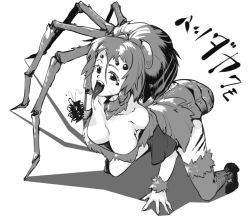 Rule 34 | 1girl, akinaie, arthropod girl, blush, breasts, bug, cleavage, downblouse, extra eyes, greyscale, hanging breasts, insect girl, large breasts, long tongue, monochrome, monster girl, saliva, solo, spider, spider girl, thighhighs, tongue, tongue out