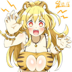 Rule 34 | 1girl, :o, absurdres, alternate costume, animal ears, animal print, bare shoulders, bell, blonde hair, blush, breasts, claw pose, cleavage, cleavage cutout, clothing cutout, crop top, curly hair, frills, from above, hair between eyes, hands up, heart cutout, highres, huge breasts, kami jigen game neptune v, kurozero, large breasts, leaning forward, long hair, looking at viewer, navel, neck bell, neptune (series), orange eyes, power symbol, power symbol-shaped pupils, sleeveless, solo, symbol-shaped pupils, teeth, tiger ears, tiger print, upper teeth only, very long hair, yellow eyes, yellow heart (neptunia)