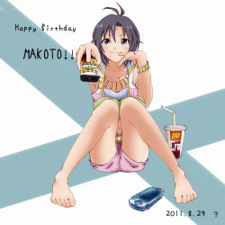 Rule 34 | 10s, 1girl, antenna hair, barefoot, black hair, blue eyes, book, bracelet, controller, drink, finger to mouth, full body, handheld game console, happy birthday, idolmaster, idolmaster (classic), idolmaster 2, jewelry, kikuchi makoto, kyandi, looking at viewer, necklace, playstation portable, remote control, short hair, shorts, simple background, sitting, smile, solo, toes