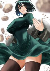 Rule 34 | 1girl, breasts, brown thighhighs, commentary, dress, fubuki (one-punch man), green dress, green eyes, green hair, highres, kawabata yoshihiro, large breasts, long sleeves, looking at viewer, one-punch man, parted lips, short hair, smile, thighhighs, thighs, white background