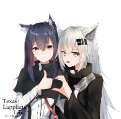 Rule 34 | 2girls, animal ear fluff, animal ears, arknights, artist name, black capelet, black coat, black hair, breasts, capelet, character name, closed mouth, coat, dated, ear piercing, earrings, fang, grey eyes, hair between eyes, hair ornament, heart, heart hands, heart hands duo, highres, jacket, jewelry, lappland (arknights), leria v, long hair, long sleeves, looking at viewer, medium breasts, multiple girls, open mouth, piercing, side-by-side, silver hair, simple background, slit pupils, smile, sparkle, texas (arknights), thumbs up, upper body, white background, white jacket, wolf ears, yellow eyes