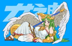Rule 34 | 1girl, bad tag, bare shoulders, blue background, blue eyes, blush, breasts, cleavage, commentary, dress, feathered wings, full body, green hair, hachinos ssb, highres, holding, holding staff, kid icarus, large breasts, long hair, looking at viewer, nintendo, palutena, solo, staff, strapless, strapless dress, symbol-only commentary, translation request, white wings, wings
