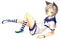 Rule 34 | 1girl, animal ears, artist request, female focus, full body, grey eyes, grey hair, kanbayashi yuuko, official art, personification, simple background, socks, solo, striped clothes, striped socks, unity-chan, unity (game engine), white background