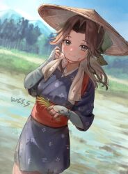 Rule 34 | 1girl, ajirogasa, artist name, black kimono, brown eyes, brown hair, brown hat, closed mouth, commission, day, hat, holding, holding plant, japanese clothes, jintsuu (kancolle), kantai collection, kimono, long hair, obi, outdoors, plant, sash, signature, skeb commission, smile, solo, wide sleeves, wss (nicoseiga19993411)