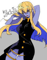 Rule 34 | 1girl, blonde hair, blue skin, breasts, character name, colored skin, dress, female focus, gender request, genderswap, hands in hair, jedah dohma, kyouichi, large breasts, lipstick, long hair, makeup, midnight bliss, red eyes, showgirl skirt, sleeveless, sleeveless dress, smile, solo, vampire (game)