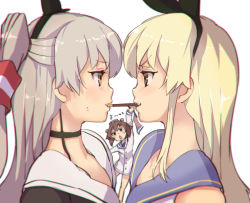 Rule 34 | 10s, 3girls, :o, absurdres, amatsukaze (kancolle), arm up, armadillo-tokage, bad id, bad pixiv id, blonde hair, blurry, blush stickers, brown eyes, brown hair, choker, chromatic aberration, dress, eye contact, female focus, food, hairband, highres, kantai collection, long hair, long sleeves, looking at another, mouth hold, multiple girls, neck, open mouth, pocky, pocky day, pocky kiss, sailor collar, sailor dress, shared food, shimakaze (kancolle), short hair, silver hair, simple background, sleeveless, smile, sweatdrop, upper body, white background, yukikaze (kancolle), yuri