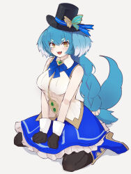 Rule 34 | 1girl, :d, animal ears, blue hair, blush, braid, braided ponytail, breasts, character request, copyright request, fangs, full body, hat, highres, large breasts, looking at viewer, medium breasts, open mouth, simple background, sitting, sketch, smile, solo, tail, thick eyebrows, top hat, wariza, white background, white hair, yellow eyes, yonaga san