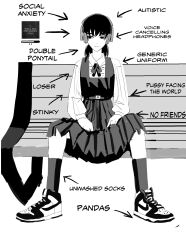 Rule 34 | 1girl, absurdres, arrow (symbol), bench, chainsaw man, closed mouth, collared shirt, commentary, dress, english commentary, english text, expressionless, facing viewer, fourth east high school uniform, full body, greyscale, headphones, highres, long hair, long sleeves, medium skirt, mitaka asa, monochrome, mykokampfwagen, neck ribbon, pinafore dress, pleated skirt, ribbon, school uniform, shirt, shoes, sideways glance, simple background, sitting, skirt, sleeveless, sleeveless dress, socks, solo, white background, white shirt