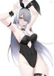 Rule 34 | 1girl, absurdres, ak-15 (girls&#039; frontline), animal ears, arm strap, armpits, arms up, black hairband, black leotard, black wrist cuffs, breasts, cleavage, detached collar, fake animal ears, floating hair, girls&#039; frontline, gluteal fold, grey hair, hair over one eye, hairband, highleg, highleg leotard, highres, large breasts, leotard, long hair, looking at viewer, parted lips, playboy bunny, purple eyes, rabbit ears, simple background, solo, strapless, strapless leotard, thigh gap, thigh strap, very long hair, white background, wing collar, wrist cuffs, yanwulazy