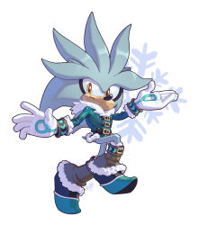 Rule 34 | 1boy, artist name, boots, bracelet, christmas, evan stanley, furry, furry male, gloves, grey fur, highres, jacket, jewelry, leather, leather belt, leg up, long sleeves, looking to the side, male focus, pointy nose, silver the hedgehog, smirk, snowflakes, solo, sonic (series), yellow eyes