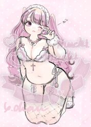 Rule 34 | 1girl, artist name, blush, bow, bra, breasts, character request, cleavage, copyright request, cross, english text, fishnet thighhighs, fishnets, garter belt, highres, jewelry, kneeling, latin cross, lingerie, medium breasts, necklace, one eye closed, panties, pink background, pink bow, pink eyes, pink hair, pink nails, plump, polka dot, polka dot background, solo, thighhighs, twitter username, underwear, white bra, y.chan