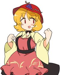 Rule 34 | 1girl, aki minoriko, black skirt, blonde hair, blush, commentary, food, food-themed hat ornament, fruit, fruit hat ornament, grape hat ornament, grapes, hat, hat ornament, ini (inunabe00), long sleeves, mob cap, open mouth, red eyes, red hat, shirt, short hair, simple background, skirt, smile, solo, touhou, white background, wide sleeves, yellow shirt