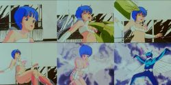 Rule 34 | 1980s (style), 1girl, anime screenshot, blue eyes, blue hair, breasts, collage, detached sleeves, heart, highres, large breasts, lipstick, makeup, midriff, oldschool, retro artstyle, screencap, short hair, tearing clothes, torn clothes, wingman, wingman (wingman), yume aoi