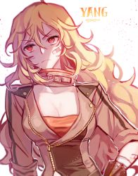 Rule 34 | &gt;:(, 1girl, bad id, bad twitter id, bandage on face, bandages, blonde hair, breasts, character name, cleavage, cowboy shot, ecru, frown, jacket, large breasts, long hair, messy hair, red eyes, rwby, sleeves rolled up, solo, v-shaped eyebrows, white background, yang xiao long
