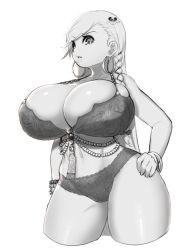 Rule 34 | 1girl, bangle, bra, bracelet, braid, breasts, cleavage, cowboy shot, cropped legs, curvy, earrings, greyscale, hand on own hip, hoop earrings, huge breasts, jewelry, long hair, magister, monochrome, muchigaku, navel, open mouth, original, pandora smith (magister), panties, side braid, simple background, single braid, solo, standing, thick thighs, thigh gap, thighs, underwear, underwear only, very long hair, white background, wide hips