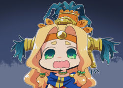 Rule 34 | 1girl, aztec, bead necklace, beads, blonde hair, chin piercing, d:, eyebrows, fate/grand order, fate (series), feathers, frown, green eyes, hair beads, hair intakes, hair ornament, headband, headdress, jewelry, long hair, low-tied long hair, neck ring, necklace, open mouth, outline, piercing, poncho, quetzalcoatl (fate), solo, tsukko (3ki2ne10), twitter username, upper body, wavy eyes, wavy mouth, white outline