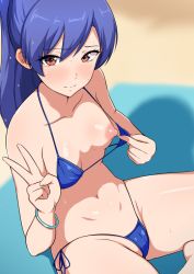 Rule 34 | 1girl, alternate hairstyle, bare shoulders, bikini, bikini pull, bikini top pull, blue bikini, blue hair, blush, bracelet, breasts, brown eyes, clothes pull, from above, highres, idolmaster, idolmaster (classic), jabara tornado, jewelry, kisaragi chihaya, large areolae, long hair, looking at viewer, midriff, navel, nipples, ponytail, side-tie bikini bottom, sitting, small breasts, solo, sweat, swimsuit
